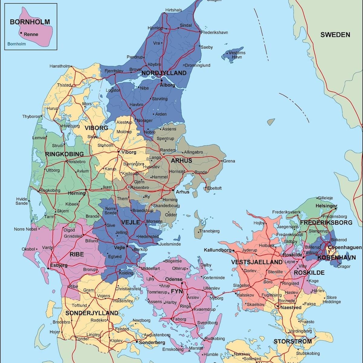 Zemljevid danske, politične 